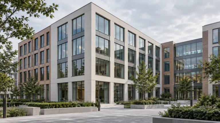 Illustration générée par IA d'un immeuble de bureaux européen générique