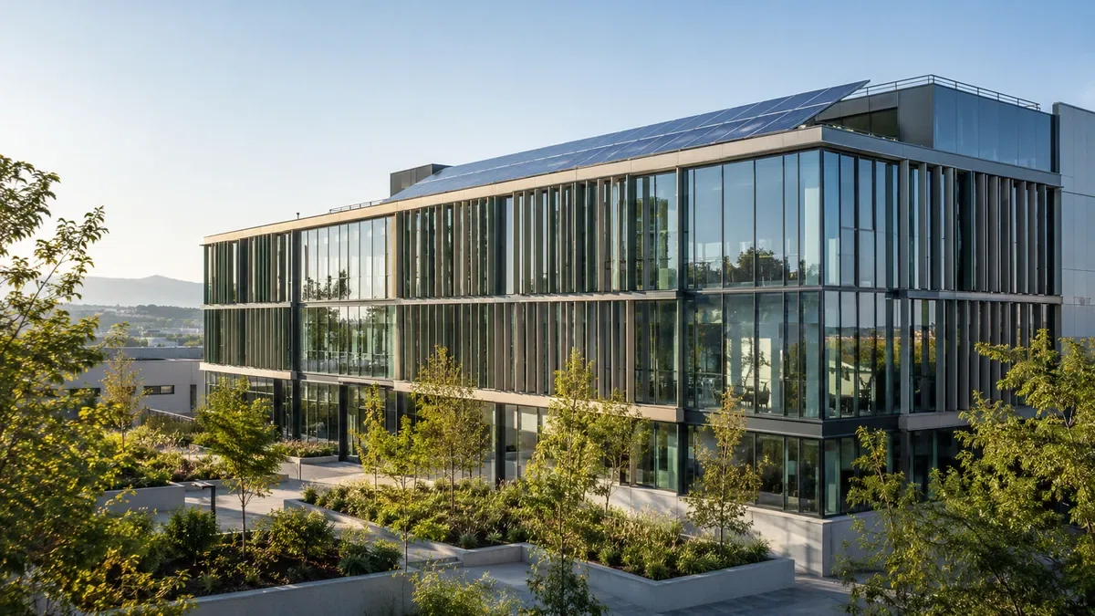 Bâtiment tertiaire équipé de panneaux solaires pour améliorer sa performance énergétique
