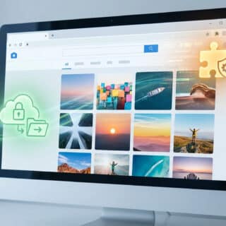 Modern desktop with web browser showing photo thumbnails, flanked by green secure cloud icons and an orange browser risk symbol.