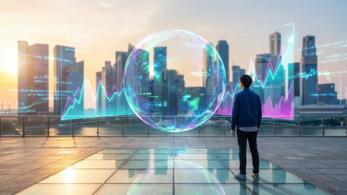 Person views a glowing digital sphere and holographic financial charts over a futuristic city at dawn, symbolizing market analysis.