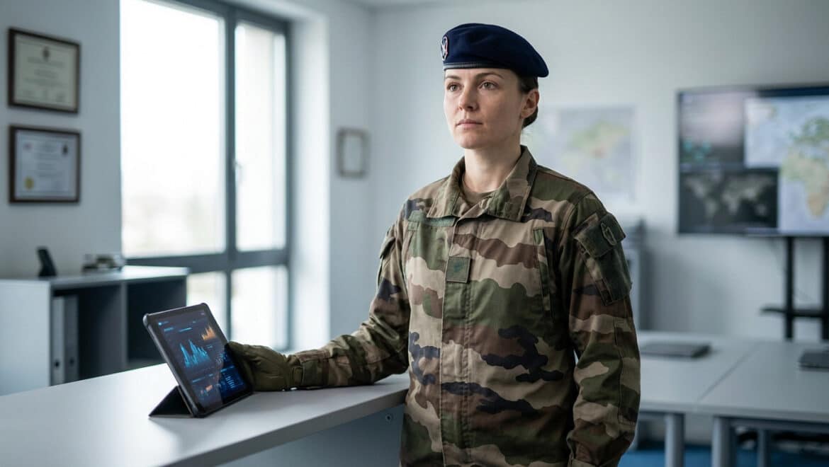 French Army NCO in uniform stands confidently in a modern military office, hand resting on a tablet displaying data visualizations.