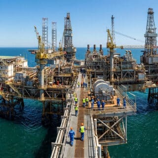 High-res image of a massive offshore oil platform at sea under a bright sky. Workers in safety gear move on its intricate structure.