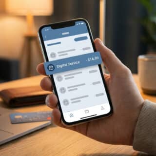 A hand holds a smartphone showing a banking app with 'Digital Service - $14.99' highlighted. A laptop, wallet, and credit card are on a desk.