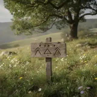 Panneau en bois avec des symboles sur terrain verdoyant.