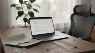 Bureau avec ordinateur portable et plantes décoratives.