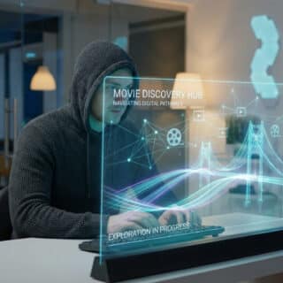 Un homme en capuche utilise un écran holographique lumineux affichant un "Movie Discovery Hub" et des graphiques de réseau numérique.