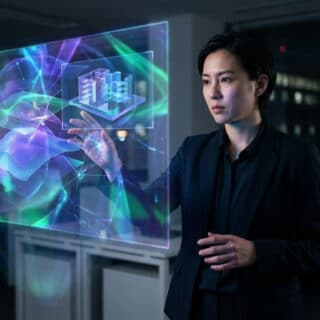 Femme en costume noir manipulant une interface holographique lumineuse avec des graphiques complexes et des modèles 3D dans un bureau sombre.