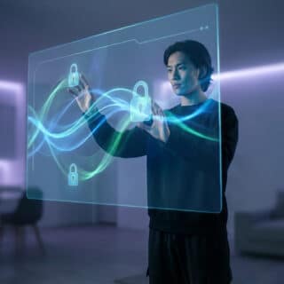 Jeune homme manipulant une interface holographique transparente affichant des cadenas et des ondes lumineuses, symbolisant la sécurité numérique.