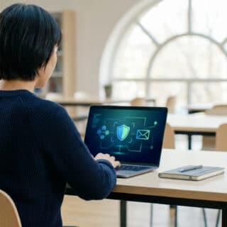 Personne de dos utilisant un ordinateur portable dans une salle lumineuse. L'écran affiche des icônes de sécurité et réseau.