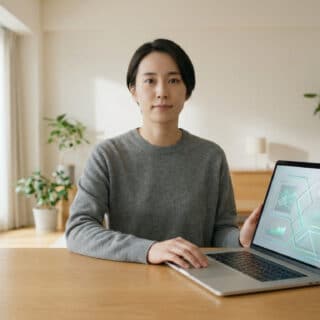 Femme assise à une table, utilisant un ordinateur portable. L'écran affiche des graphiques et des données pour la gestion de compte en ligne.