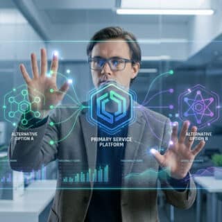 Homme en lunettes manipulant une interface holographique. Il analyse des plateformes de services (primaire, option A, B) et des graphiques de données.
