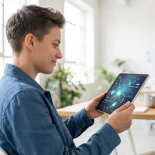 Une personne souriante et concentrée consulte une tablette affichant des données technologiques dans un bureau lumineux et moderne.