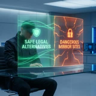 Un homme en casquette devant un écran holographique. Le panneau vert indique "SAFE LEGAL ALTERNATIVES", le rouge "DANGEROUS MIRROR SITES".