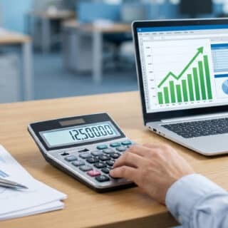 Main saisissant des chiffres sur une calculatrice affichant 125 000, avec un ordinateur portable présentant des graphiques financiers.