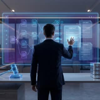Un homme interagit avec un écran holographique affichant des documents juridiques et un marteau de juge lumineux.
