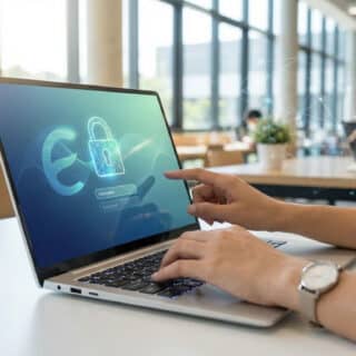 Une personne saisit ses identifiants sur un ordinateur portable affichant un cadenas, symbolisant l'accès sécurisé à Eduline.