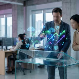 Un homme et une femme analysent une projection holographique d'icônes cloud et de données dans un bureau d'entreprise. D'autres employés travaillent.