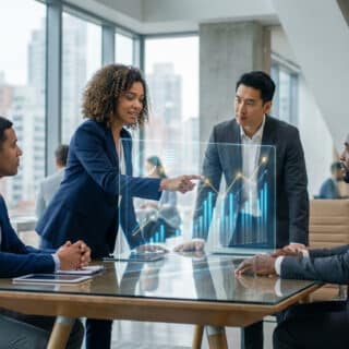 Quatre consultants analysent des données financières projetées sur un écran transparent, symbolisant l'innovation et la collaboration.