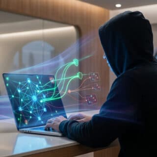 Vue de dos d'une personne encapuchonnée tapant sur un ordinateur portable avec projections holographiques de réseau et de sécurité.