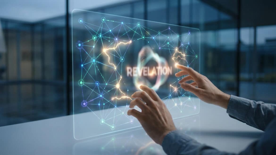 Deux mains interagissant avec un écran holographique affichant un réseau de points lumineux colorés et le mot « REVELATION ».