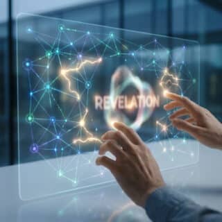 Deux mains interagissant avec un écran holographique affichant un réseau de points lumineux colorés et le mot « REVELATION ».