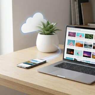 Ordinateur portable et smartphone affichent des images sur un bureau en bois. Un nuage lumineux symbolise le transfert et le stockage cloud.