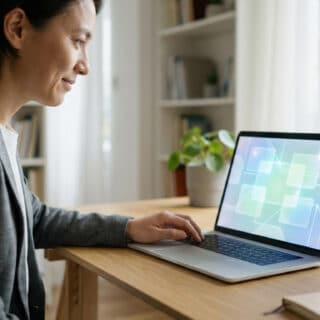 Femme souriante utilisant un ordinateur portable affichant des motifs abstraits de connexion, dans un bureau lumineux.