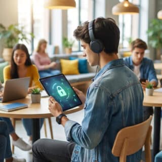 Un groupe d'étudiants divers utilisent des appareils numériques dans un espace moderne. Un jeune homme regarde une tablette avec une icône de cadenas vert, symbolisant la sécurité ou la connexion.