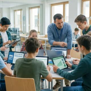 Un enseignant guide des collégiens utilisant ordinateurs portables et tablettes pour l'espace numérique de travail.