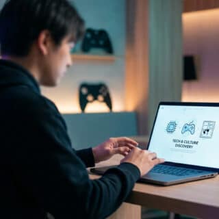 Jeune homme sur un laptop affichant 'Tech & Culture Discovery'. L'environnement geek inclut manettes et cadres de manga.