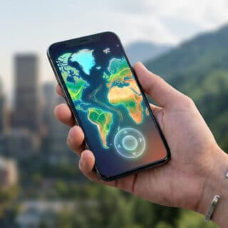 Main tient un smartphone avec une carte du monde lumineuse et un joystick. En arrière-plan, une ville et des montagnes floues.