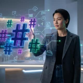 Femme interagit avec des hashtags holographiques colorés et des icônes de données dans un bureau futuriste, avec l'année 2026.