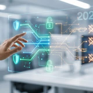 Main interagissant avec une interface holographique affichant "2026", icônes de sécurité et engrenages barrés, dans un bureau moderne.