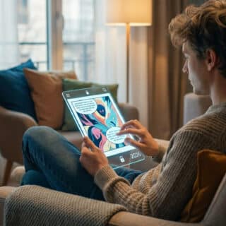 Jeune homme lisant une bande dessinée colorée sur une tablette transparente futuriste, affichant '2026', sur un canapé.