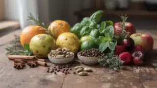 Variété de fruits et épices sur une table en bois.