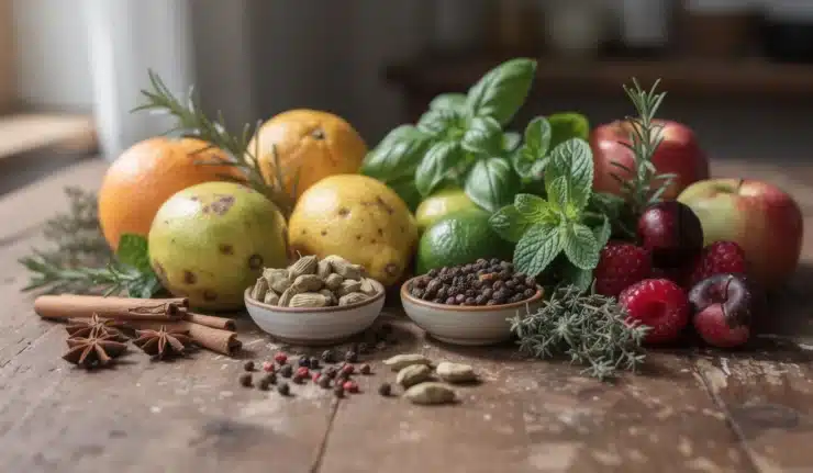 Variété de fruits et épices sur une table en bois.