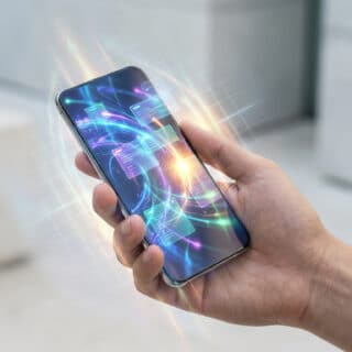 Main tenant un smartphone avec un écran affichant des flux d'informations numériques et des icônes d'actualités lumineuses.