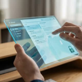 Mains interagissant avec une tablette transparente affichant une interface de messagerie (boîte de réception, dossiers, sécurité). Décor moderne.