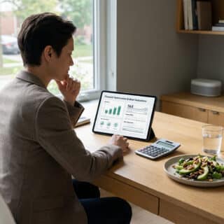 Personne examinant des données d'optimisation fiscale et déductions de repas sur tablette, avec salade et calculette.