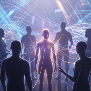 Illustration 3D : silhouette lumineuse centrale connectée à des figures sombres par des lignes de lumière, sur fond de réseau numérique complexe.