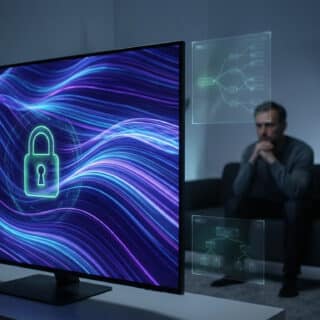 Un écran affiche un cadenas numérique vert sur des ondes violettes, avec des interfaces holographiques et un homme pensif en arrière-plan. L'horloge indique 2026.