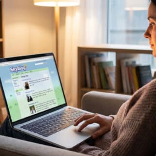 Une femme concentrée consulte un ancien Skyblog sur son ordinateur portable dans un salon. Des objets "Skyblog" sont sur une étagère.
