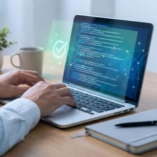 Mains tapant sur un clavier d'ordinateur portable affichant un code et un icône de coche verte, symbolisant la correction.