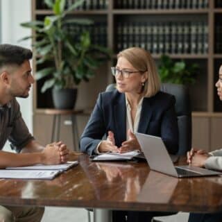 Réunion professionnelle entre avocate et deux clients