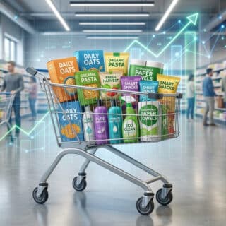 Caddie rempli de produits de consommation courante avec des graphiques de croissance en surimpression dans un supermarché.