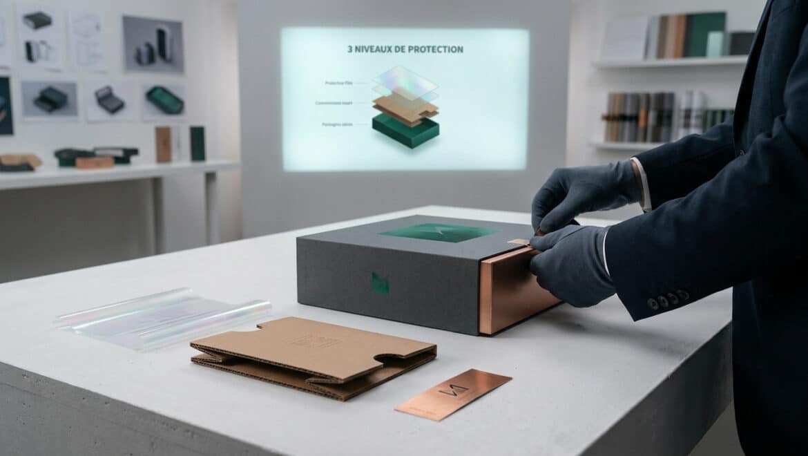 Une personne en costume et gants manipule un coffret de luxe sur un bureau avec un schéma technique en arrière-plan.