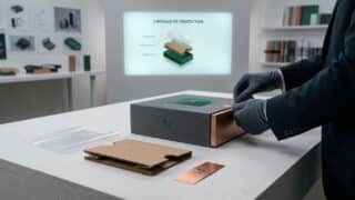 Une personne en costume et gants manipule un coffret de luxe sur un bureau avec un schéma technique en arrière-plan.