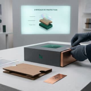 Une personne en costume et gants manipule un coffret de luxe sur un bureau avec un schéma technique en arrière-plan.
