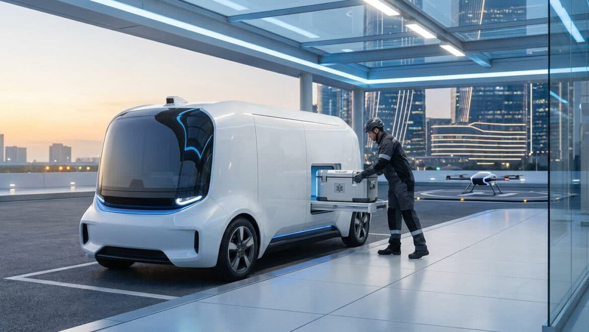 Agent chargeant un conteneur médical dans un véhicule autonome futuriste sur un quai de chargement moderne.