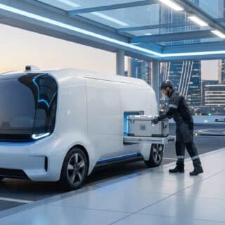 Agent chargeant un conteneur médical dans un véhicule autonome futuriste sur un quai de chargement moderne.
